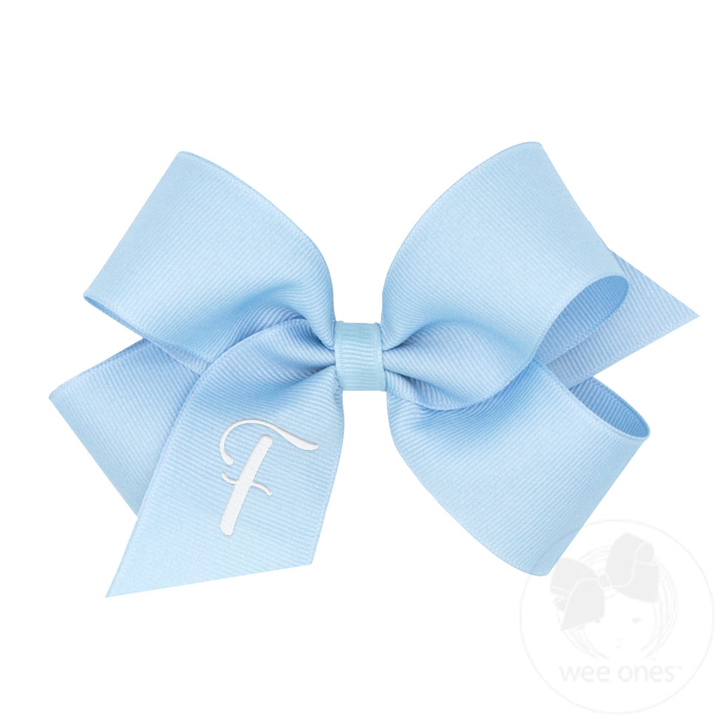 Medium Monogrammed Grosgrain Girls Hair Bow - Blue with White Initial