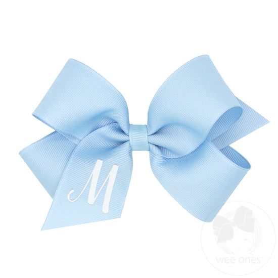 Medium Monogrammed Grosgrain Girls Hair Bow - Blue with White Initial