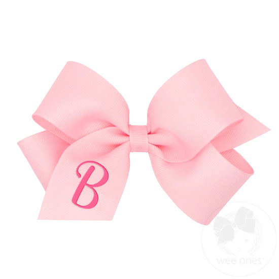 Wee Ones Medium Monogrammed Grosgrain Girls Hair Bow - Light Pink with Hot Pink Initial T