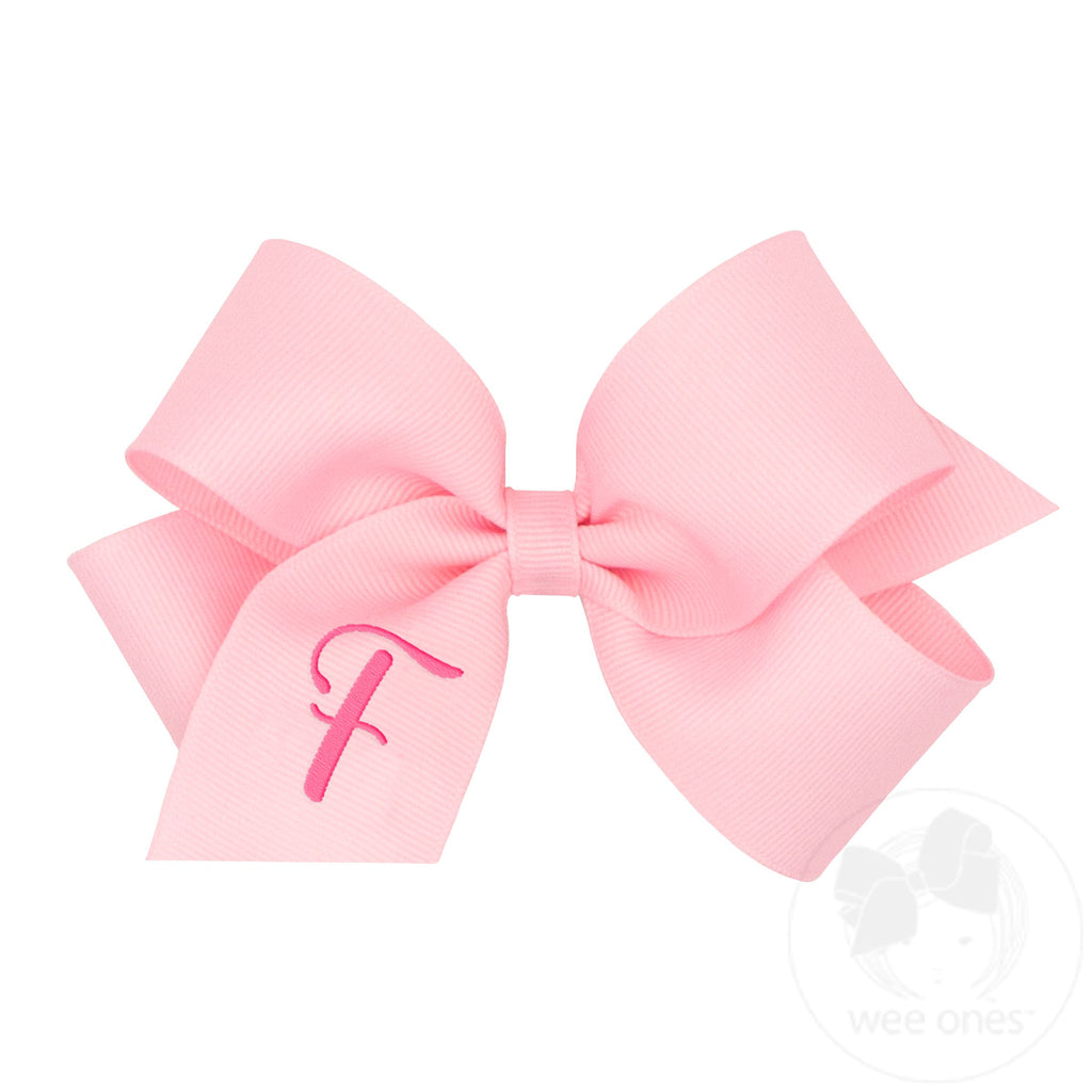 Medium Monogrammed Grosgrain Girls Hair Bow - Light Pink with Hot Pink Initial