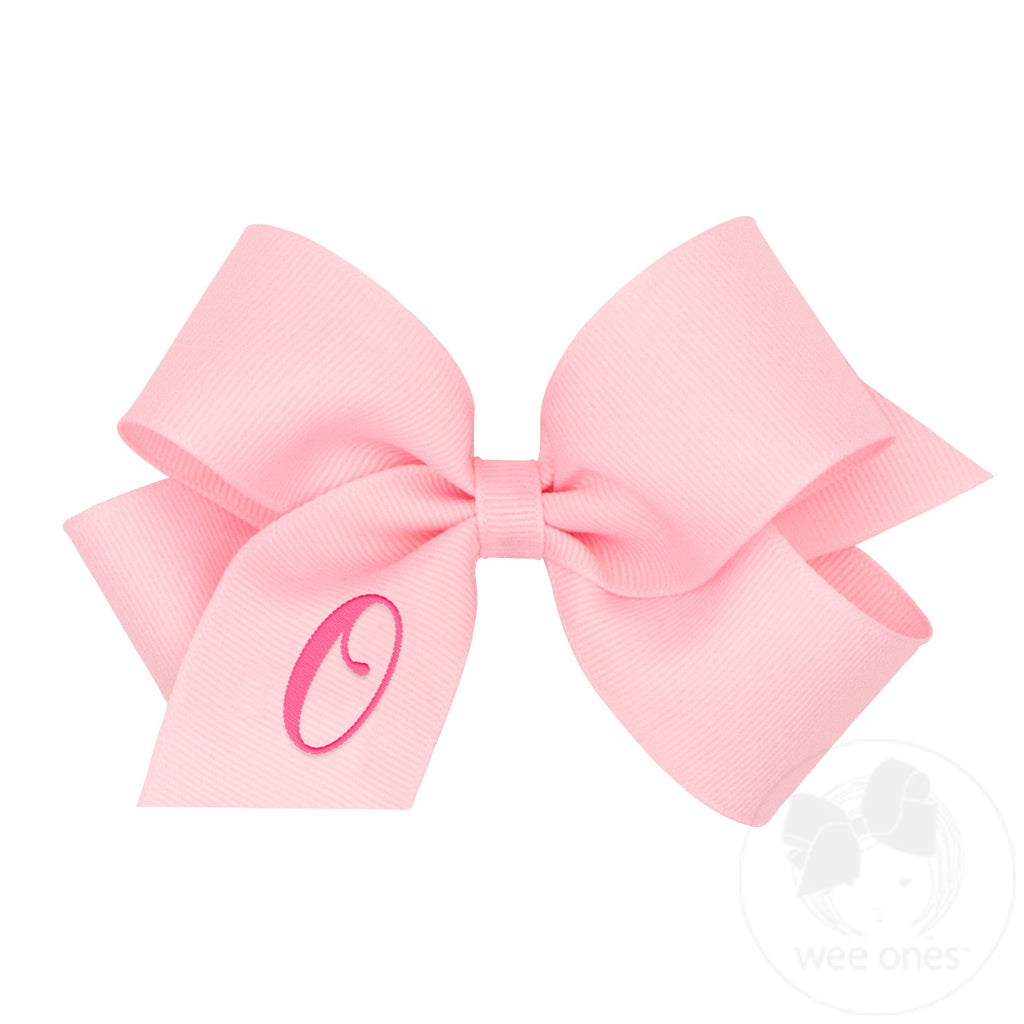 Medium Monogrammed Grosgrain Girls Hair Bow - Light Pink with Hot Pink Initial