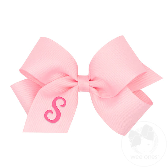 Medium Monogrammed Grosgrain Girls Hair Bow - Light Pink with Hot Pink Initial
