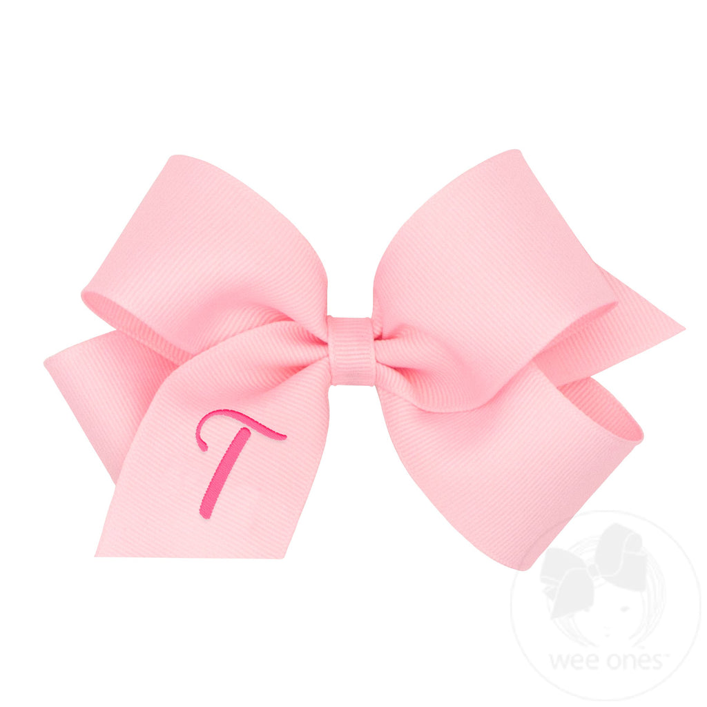 Medium Monogrammed Grosgrain Girls Hair Bow - Light Pink with Hot Pink Initial