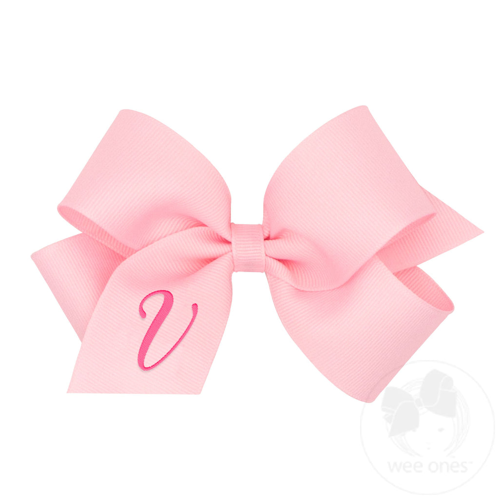 Medium Monogrammed Grosgrain Girls Hair Bow - Light Pink with Hot Pink Initial