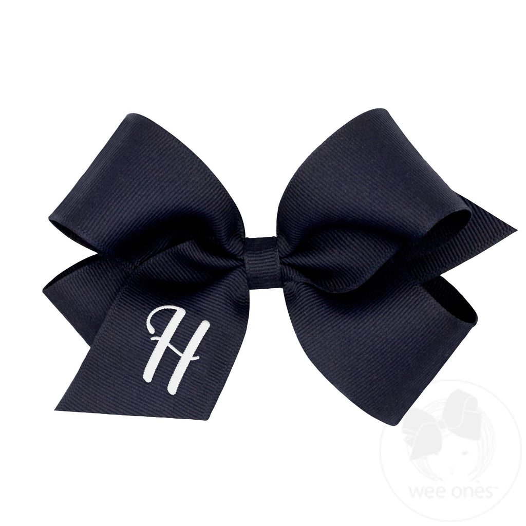 Medium Monogrammed Grosgrain Girls Hair Bow - Navy with White Initial