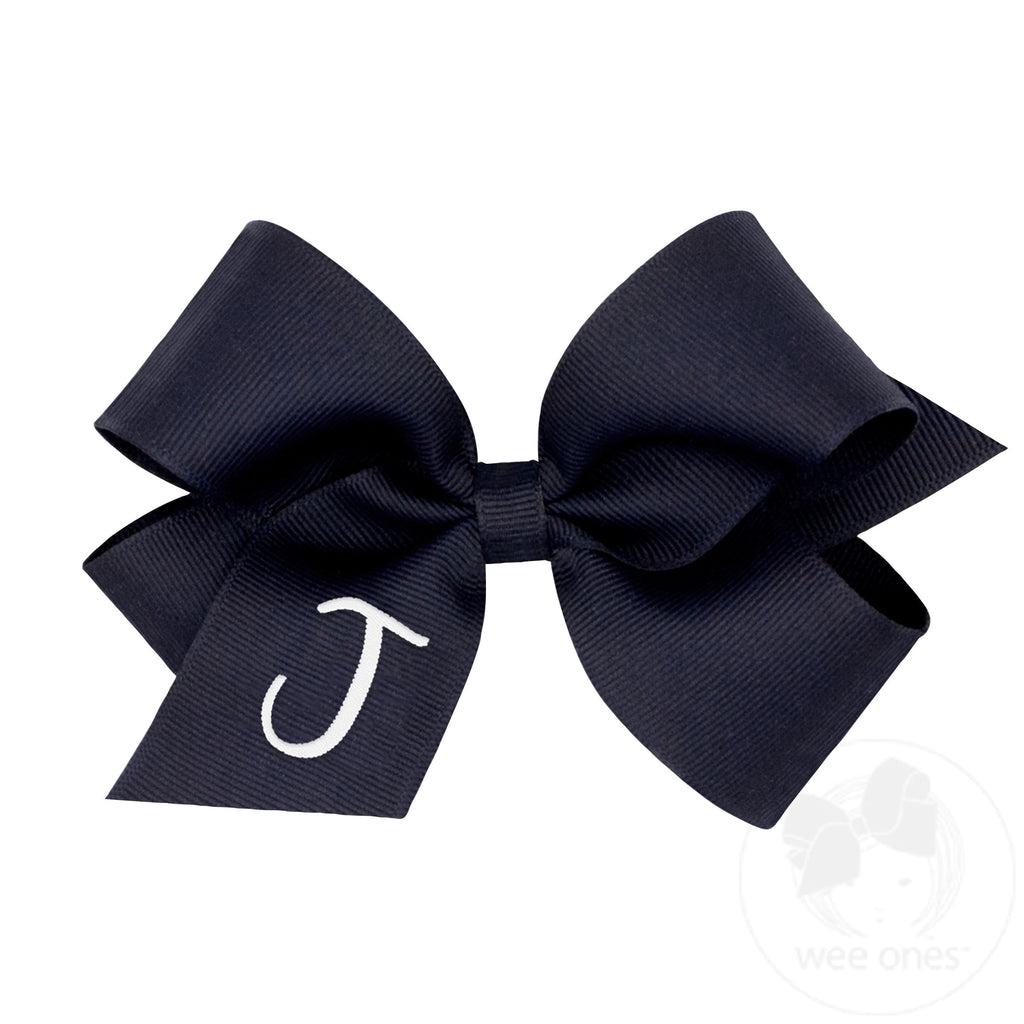 Medium Monogrammed Grosgrain Girls Hair Bow - Navy with White Initial