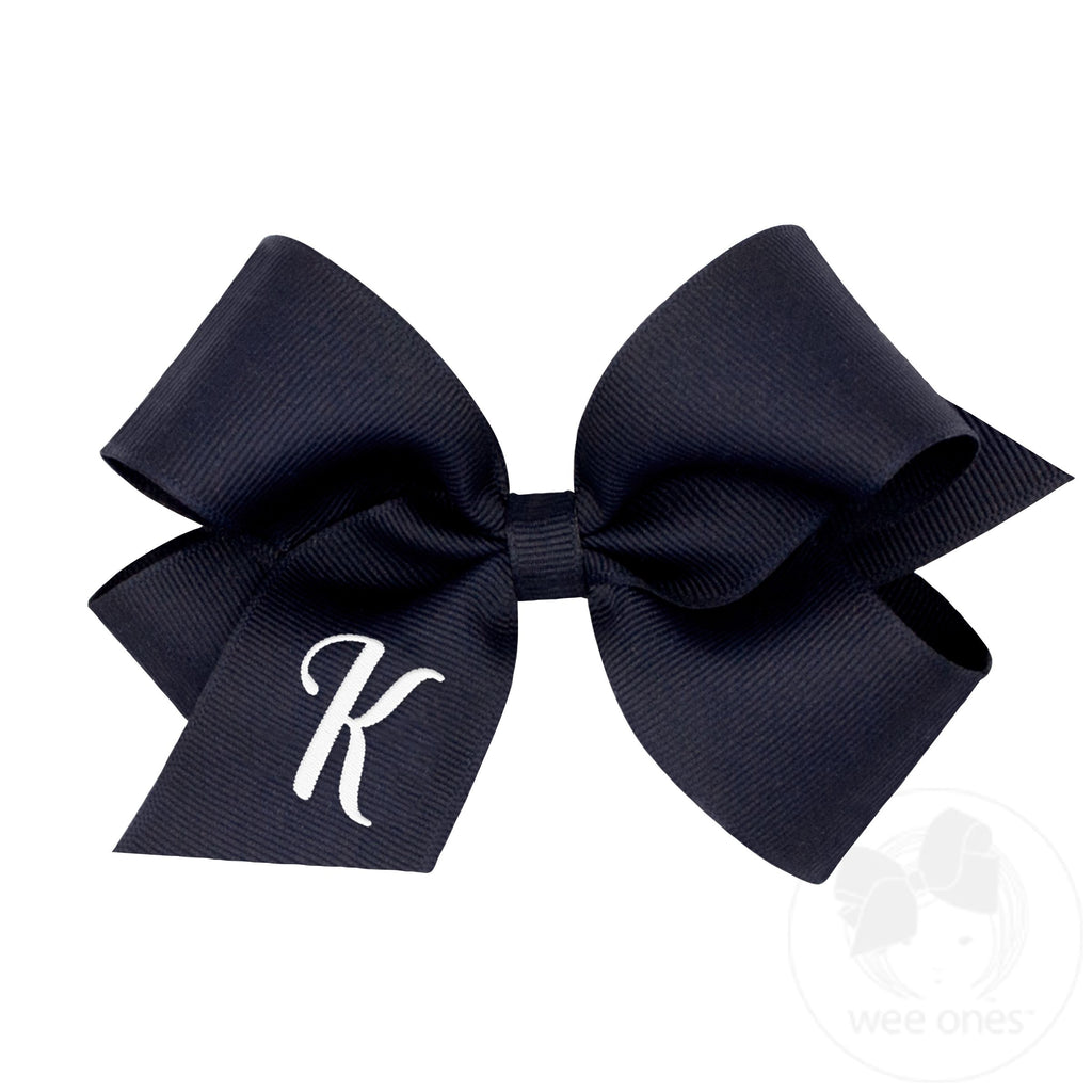 Medium Monogrammed Grosgrain Girls Hair Bow - Navy with White Initial