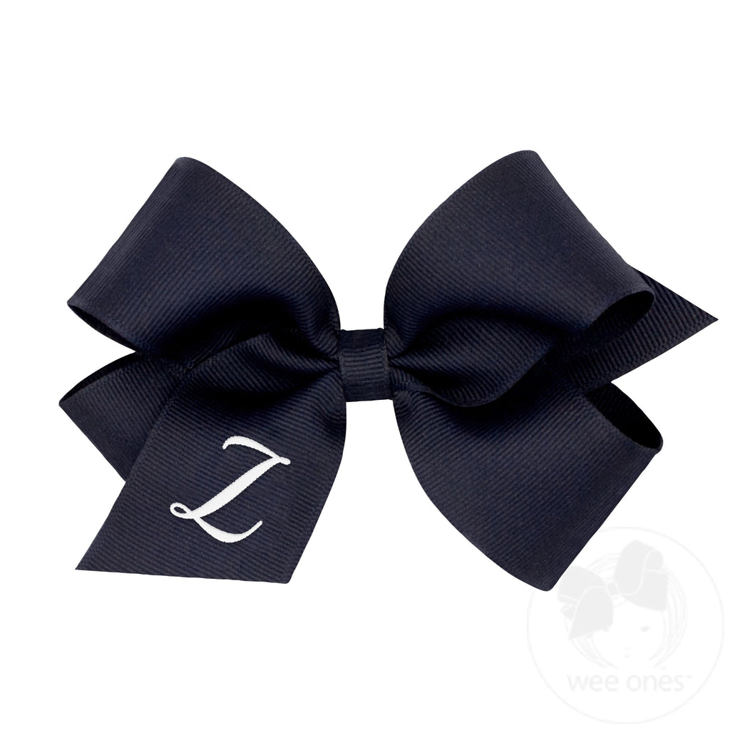 Medium Monogrammed Grosgrain Girls Hair Bow - Navy with White Initial