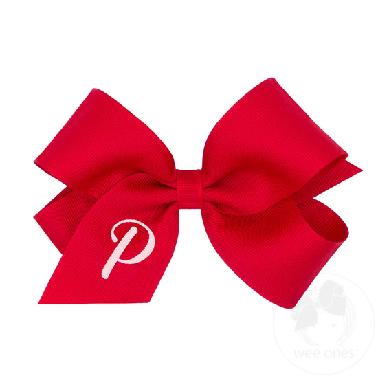 Medium Monogrammed Grosgrain Girls Hair Bow - Red with White Initial