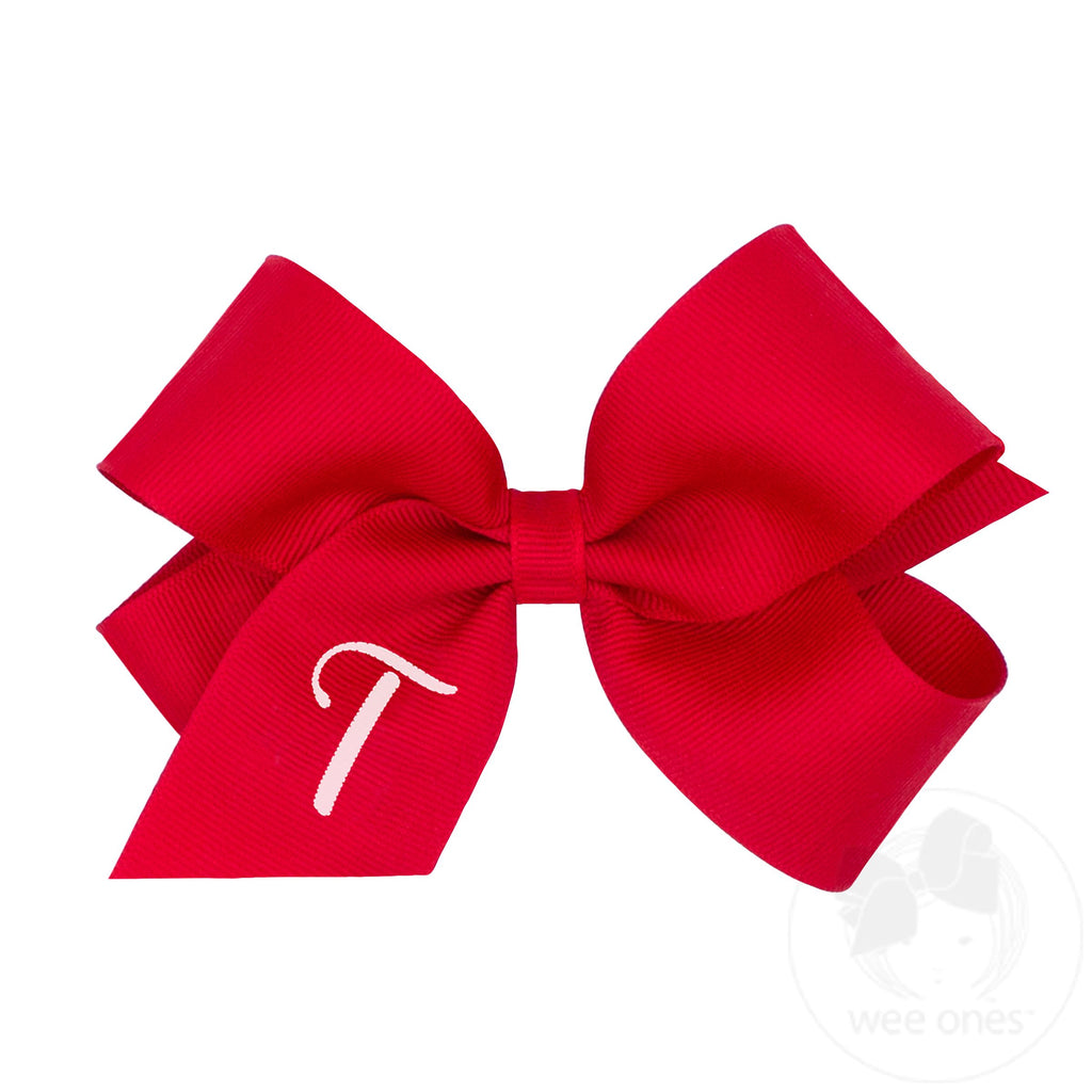 Medium Monogrammed Grosgrain Girls Hair Bow - Red with White Initial