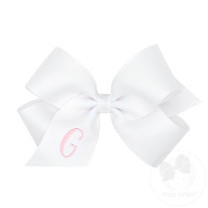 Medium Monogrammed Grosgrain Girls Hair Bow - White with Light Pink Initial