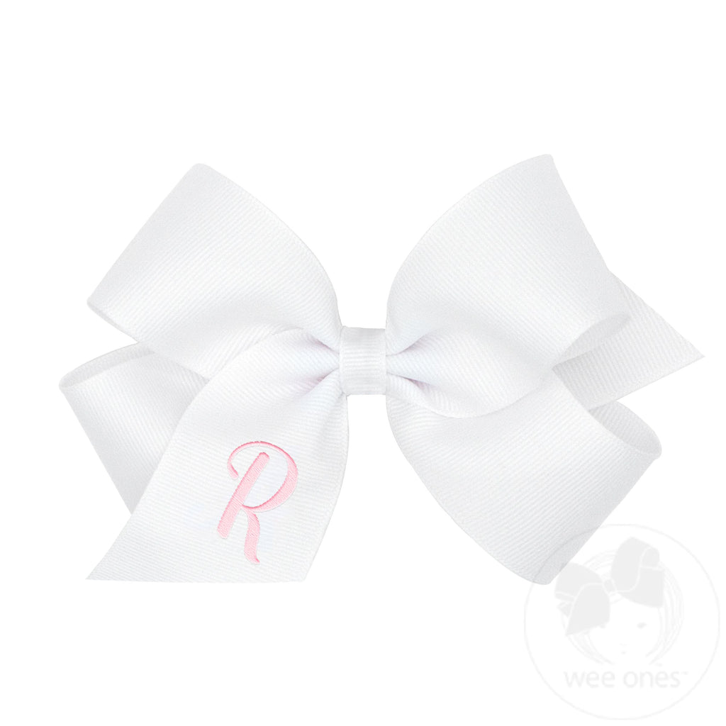 Medium Monogrammed Grosgrain Girls Hair Bow - White with Light Pink Initial