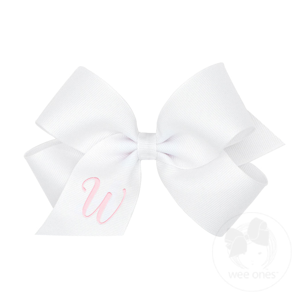 Medium Monogrammed Grosgrain Girls Hair Bow - White with Light Pink Initial