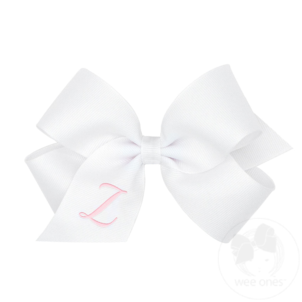 Medium Monogrammed Grosgrain Girls Hair Bow - White with Light Pink Initial